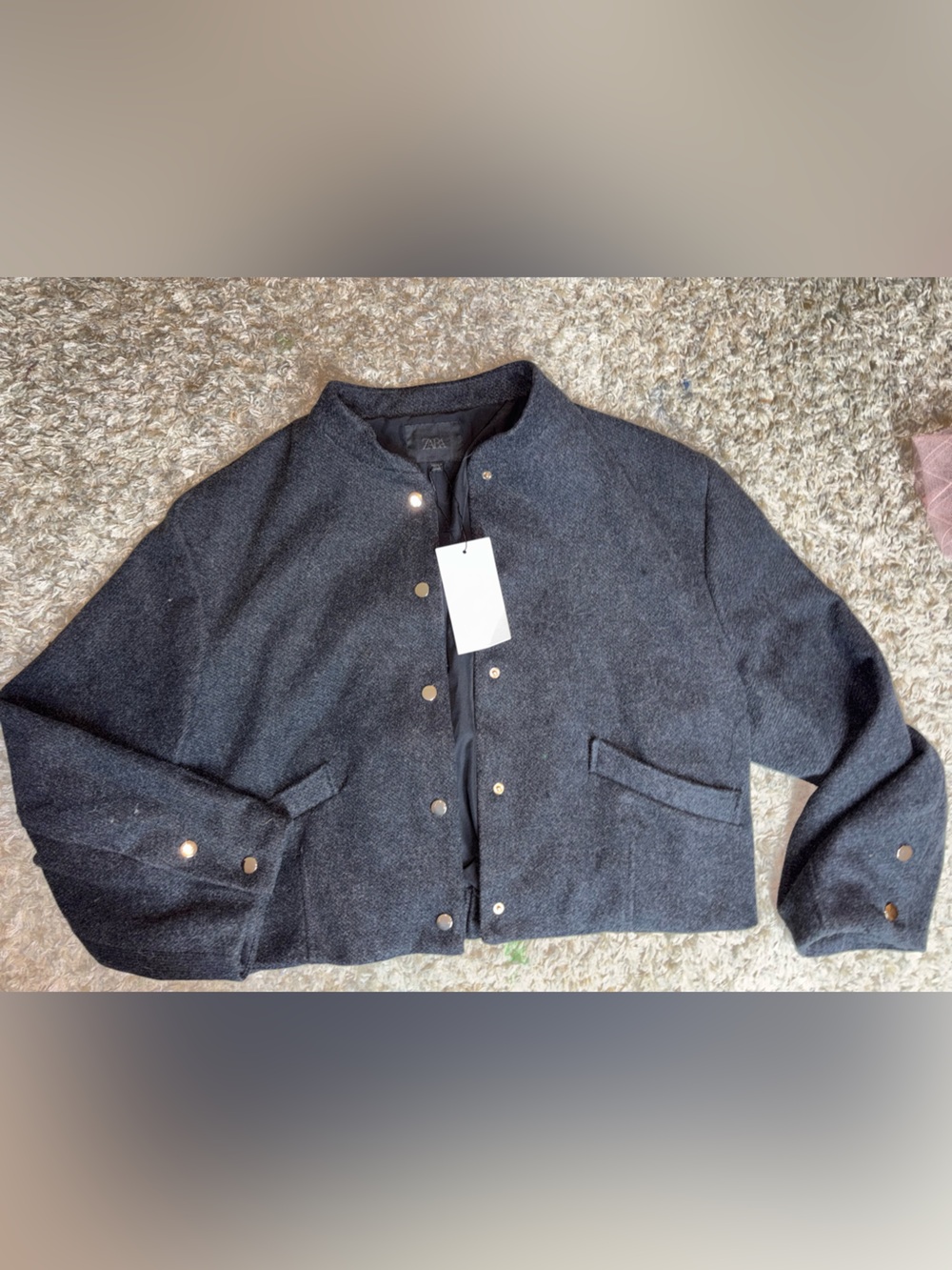 Chic ZARA Women’s XL Charcoal Gray Cropped Jacket Gold Buttons NWT
